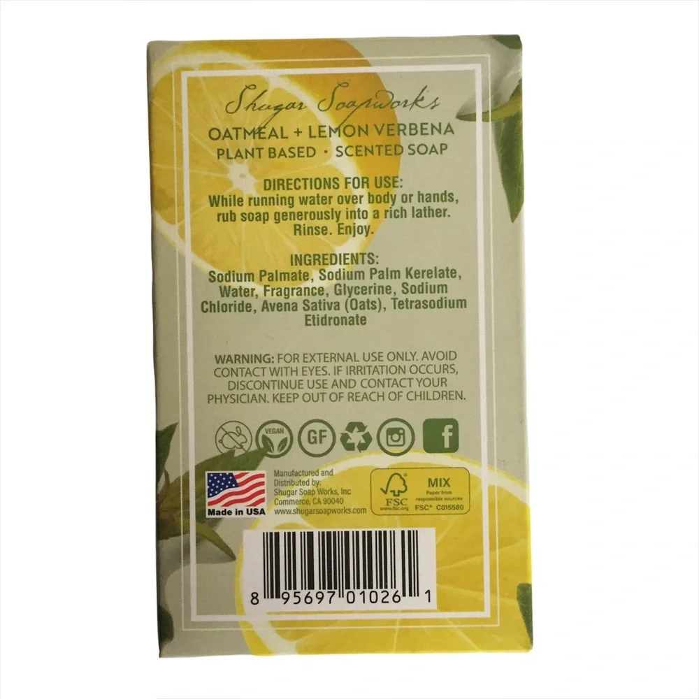 2 SHUGAR SOAPWORKS Lemon Verbena & Oatmeal Sulfate Paraben Free Vegan So…
